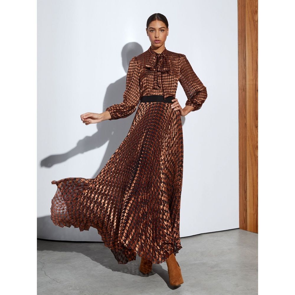 Alice + Olivia Lolita Houndstooth Devoré Blouse Harvest Houndstooth Size M $355